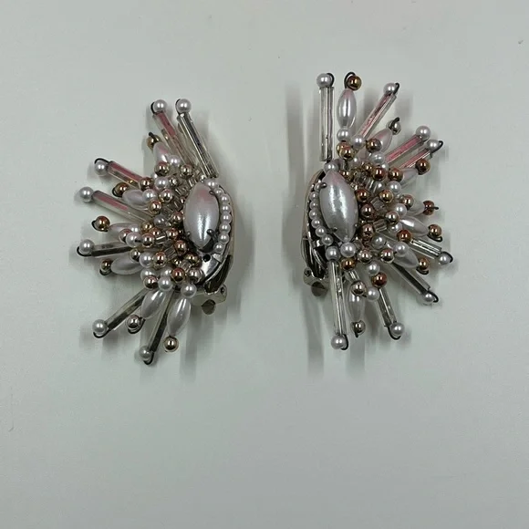 Vintage Designer Beaded Sunburst Clip On Earrings - Picture 7 of 7